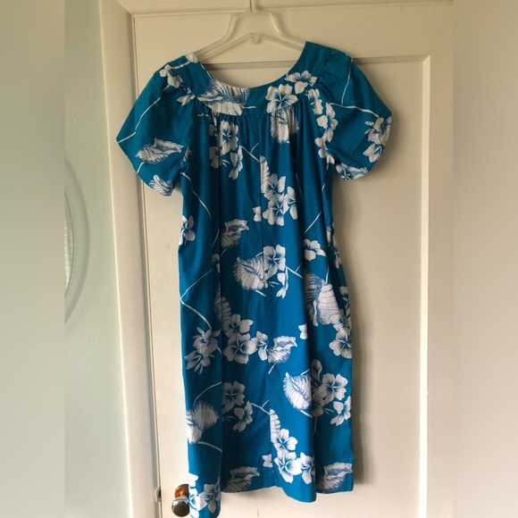 Hilo Hattie Large Blue Hawaiian Muumuu Dress Caftan aloha tiki hibiscus vintage - Picture 4 of 14